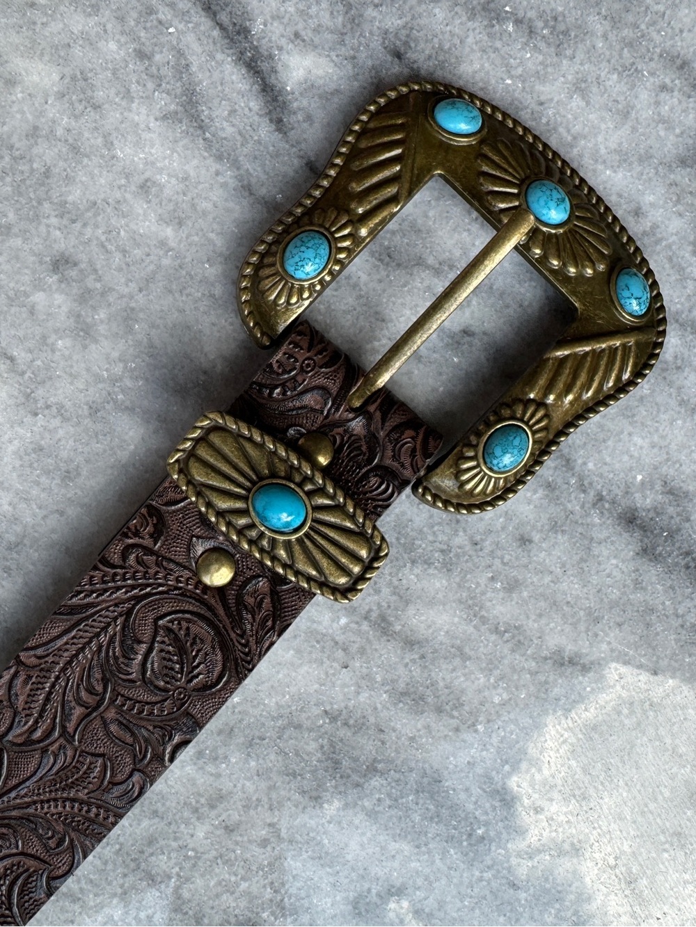 Western Tooled Brown Belt with Brass and Turquoise Buckle Accents
